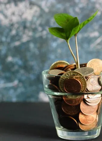 A jar of coins with a growing green sprout — save, protect and grow money